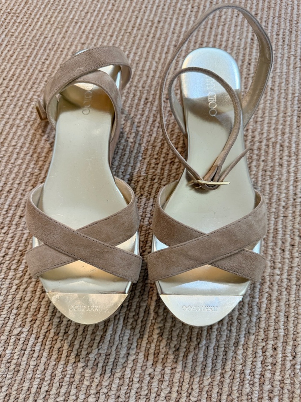 Jimmy Choo Taupe Suede Crisscross Sandal with Gold Footbed